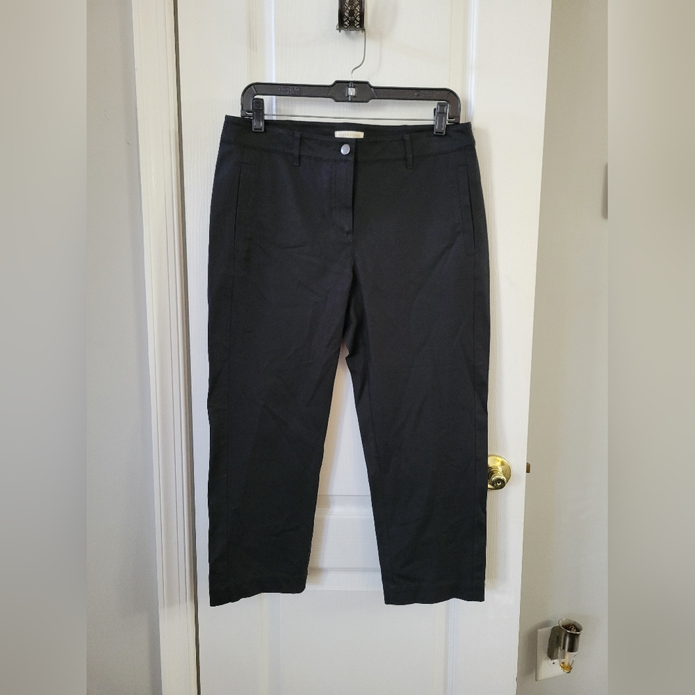 Eileen Fisher Cotton Stretch Twill Slim Tuxedo Stripe Cropped Pants Black Small